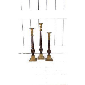 Vintage heavy brass metal pillar spindle candlesticks candle holders set of 3